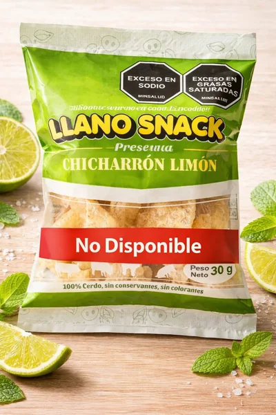 Empaque chicharrón americano Limón Llano Snacks, bolsa 30 g